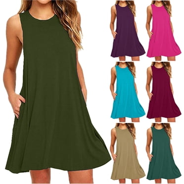 CEHVOM Robes d'Été pour Femmes 2024, Robes Débardeur pour Femmes Grande Taille avec Poche, Robes T-Shirt Amples Unies d'Été Décontractées Mini, Sortie de Plage pour Femmes Robe Débardeur Plissée Unie