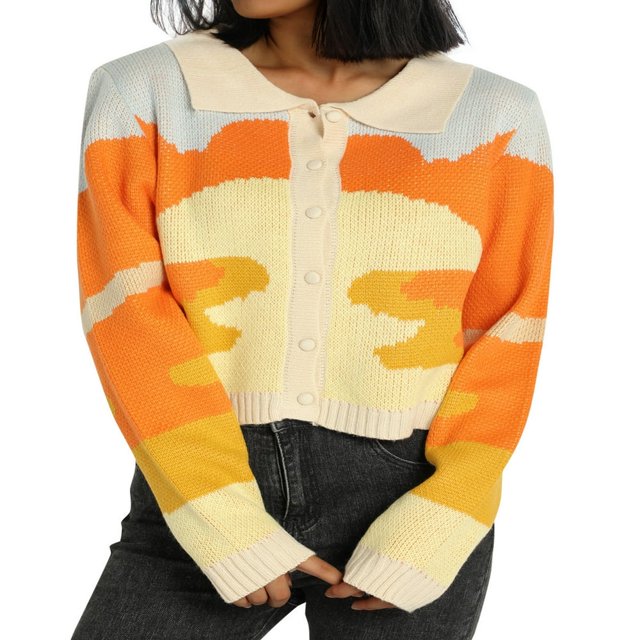 Cardigan Court à Boutons pour Femmes, Manches Longues, Tricot à Blocs de Couleur, Col à Revers, Tenue de Printemps et d'Automne
