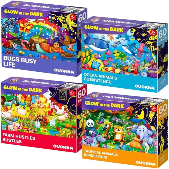 Quokka Glow-in-the-Dark Jigsaw Puzzles 4 Set – 60-Piece Puzzle for Kids Ages 3+, Bugs & Animals