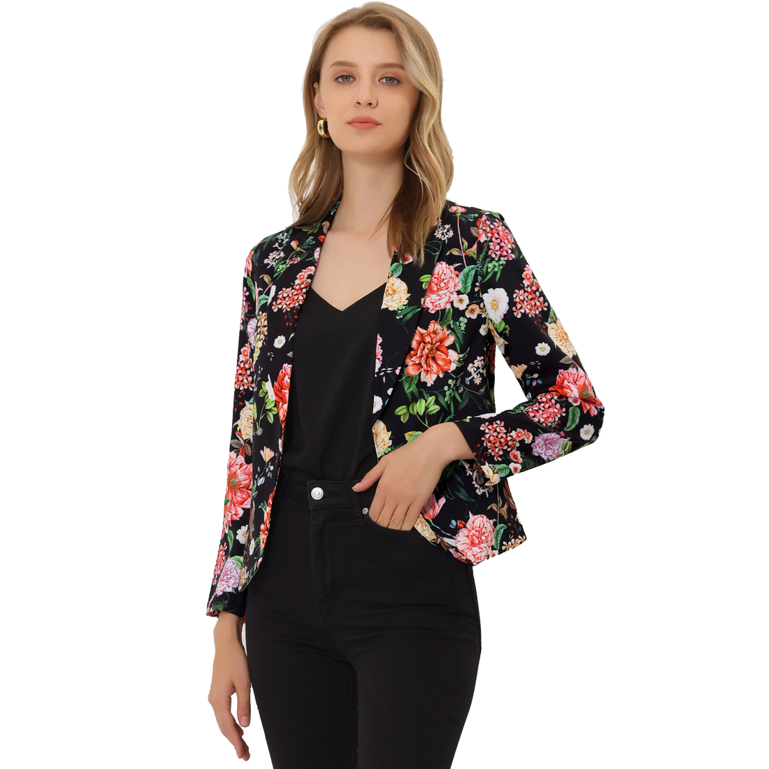 INSPIRE CHIC Blazer pour Femme à devant Ouvert Veste de Tailleur Courte d'Été pour le Travail TP Noir Rouge à Fleurs