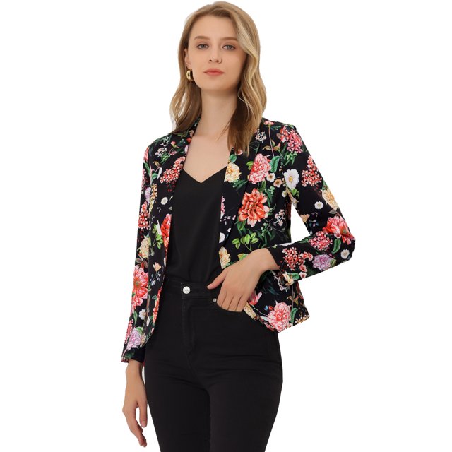 INSPIRE CHIC Blazer pour Femme à devant Ouvert Veste de Tailleur Courte d'Été pour le Travail m Noir Rouge à Fleurs