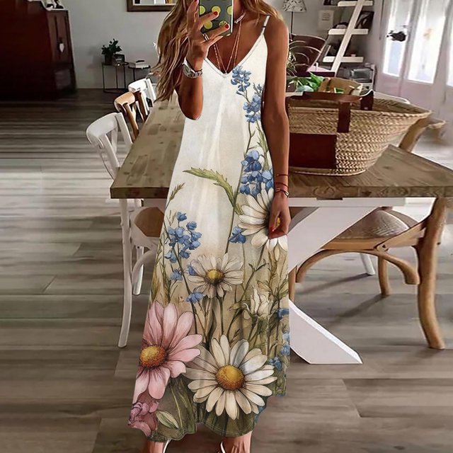 Ovzne Robes Grande Taille pour Femmes Rondes Robe d'Été Robes pour Femmes Imprimé Sans Manches Col Rond Robe Décontractée Robes Grande Taille Imprimé Liquidation