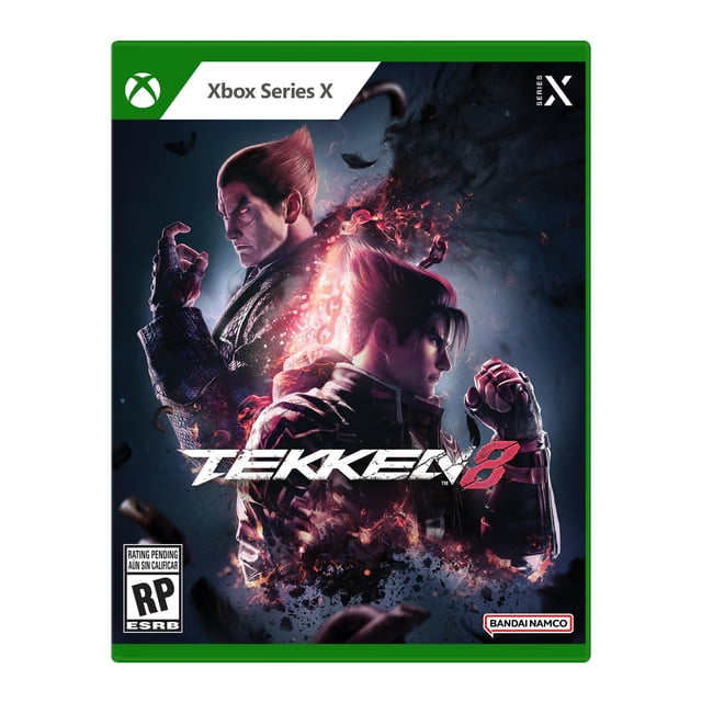 Tekken 8 (Xbox Series X) game cover featuring two fighters back-to-back with fiery chains and embers swirling around them on a dark smoky background, including Xbox Series X branding and Bandai Namco logo.