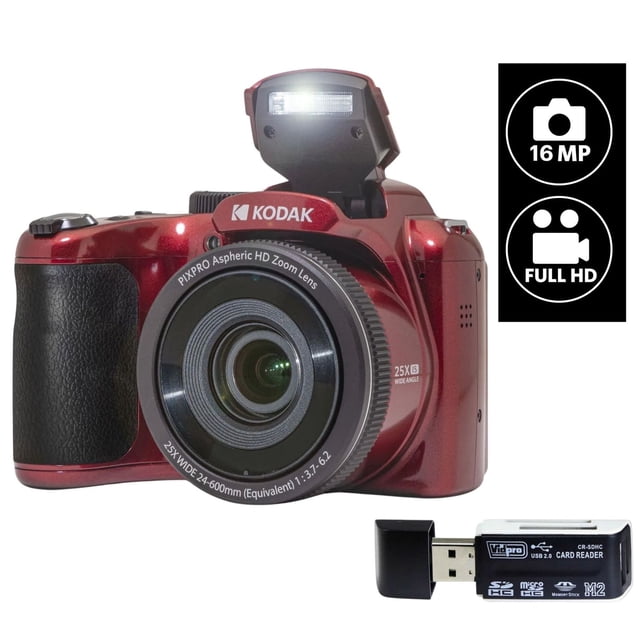 Kodak PIXPRO AZ255 Digital Camera (RED) 16MP 25X Optical Zoom 24mm Wide Angle Lens Vlogging Camera Plus a Free Vidpro USB 2.0 Card Reader