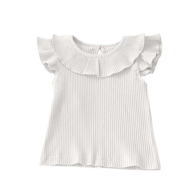 LLYwey Baby Girls Ruffle Tank Tops - Toddler Casual Ribbed Smocked Sleeveless T-Shirts - Kids Button Keyhole Back Summer Tanks, T-7, White, 3T