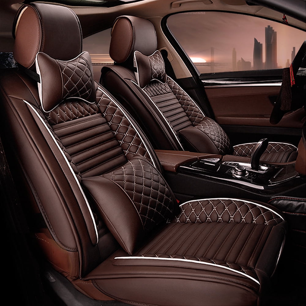 Maidao Car Seat Covers Leather Set for Honda for Fit/Jazz 2001-Present 5 Seats Compatible Airbag Water Resistant Front Rear Cushion Protector with Pillow Coffee