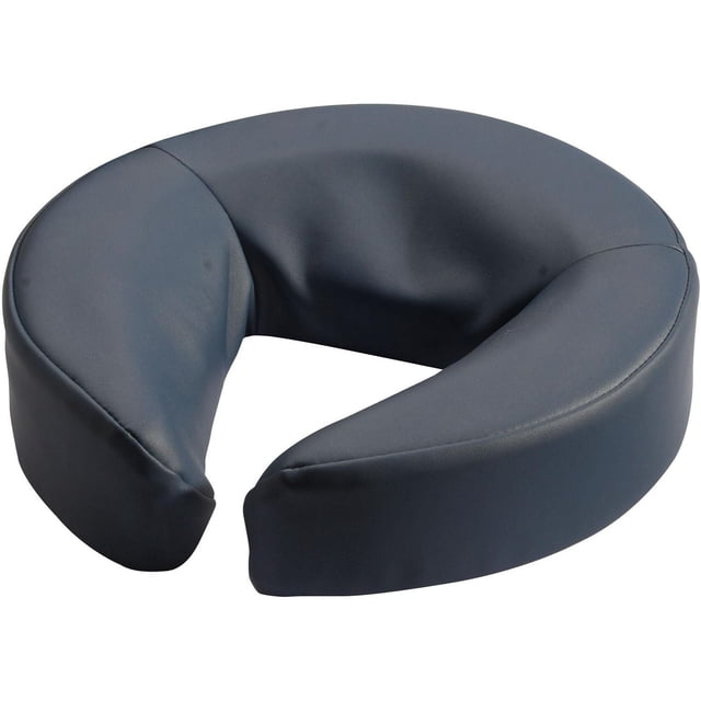 Master Massage Universal Face Cushion Pillow for Massage Table in royal blue, shown in a 3/4 angled view. The U-shaped pillow features soft molded polyurethane foam with memory foam effect and a harder foam base for consistent support. It has a larger cut-out to avoid eye pressure and a curved surface to fit various face shapes. The oil and water-resistant PU cover is easy to clean, ideal for professional massage use.