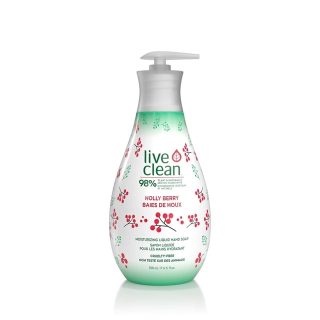Live Clean Holly Berry Moisturizing Liquid Hand Soap in a 500 mL white and green pump bottle decorated with red holly berry illustrations, containing 98% plant and naturally derived ingredients and a cruelty-free formula ideal for moisturizing and gentle hand cleansing.