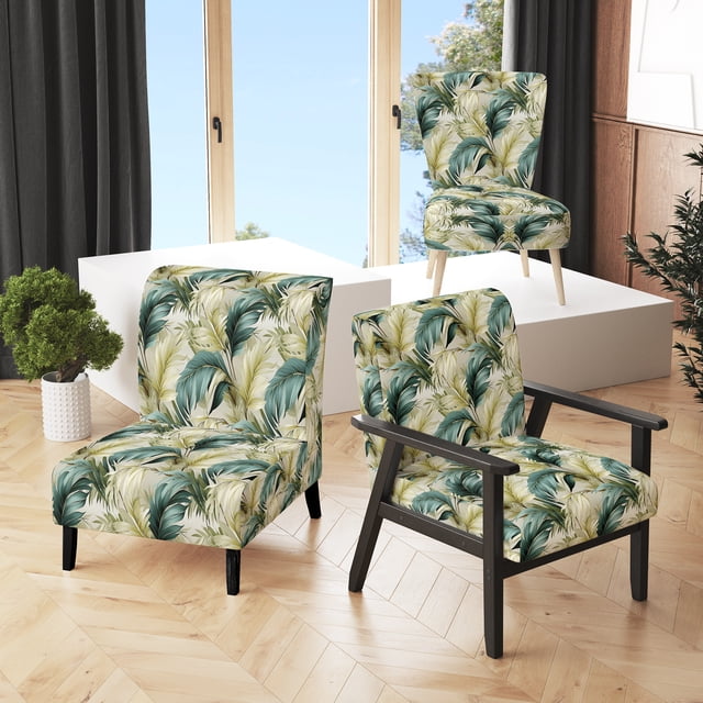 Designart "Tropics In Neutral Tones IV" Green Tropical Upholstered Accent Chair - Tropical Arm Chair For Bedroom