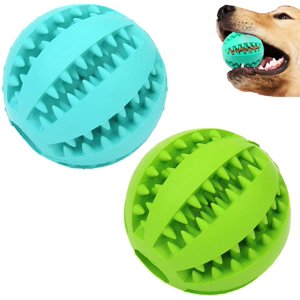 Dog Toy Ball, Nontoxic Bite Resistant Toy Ball for Pet Dogs Puppy Cat, Dog Pet Food Treat Feeder Chew Tooth Cleaning Ball Green 2 Pack Blue+Green