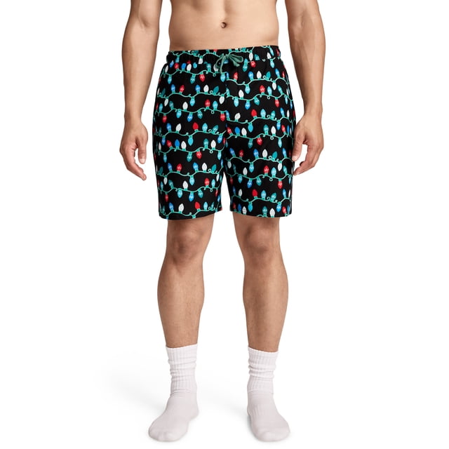 Jockey Short de Sommeil Rafraîchissant Ultra Doux pour Homme avec design Semi-Ajusté et Entrejambe de 7 Pouces. Fabriqué en polyester Recyclé Doux avec une Touche d'Extensibilité, le Short Noir Met en Valeur un Motif Léger Festif en Cordons en Rouge, Vert et Bleu. le Tissu Qui Évacue l'Humidité Assure Respirabilité et Confort, Tandis Que la Taille Élastique avec Fermeture à Cordon et Fausse Braguette Ajoute de la Fonctionnalité.