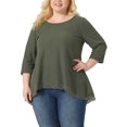 thumbnail image 1 of GRACE & GRANDEUR Blouse pour Femme Grande Taille à Manches 3/4 Gaufrées, Col Rond, Panneau en Dentelle, Coupe Ample, Ourlet Haut-Bas, Hauts Vert Armée 2X, 1 of 5