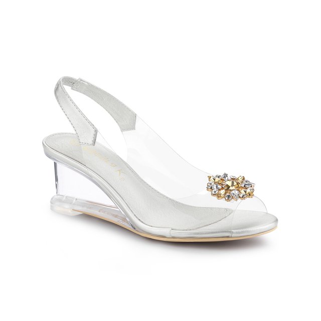 BLISSFUL STEP Chaussures pour Femmes Talons Compensés Transparents à Strass Bout Ouvert Slingback Chaussures Transparentes Argent 8