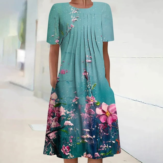 Robes Maxi pour Femmes 2023 avec Manches Robe d'Été Bohème à Imprimé à Manches Courtes Robe de Plage Longueur Genou Robe à Manches Courtes en Liquidation