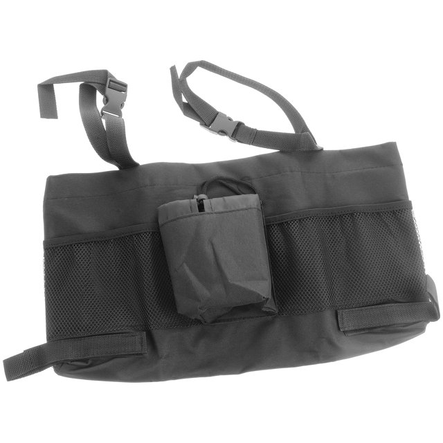 Weiweiguan Portable Walker Bag Convenient Rollator Pouch Hanging Rollator Container in black, made of durable and waterproof oxford cloth. The bag features a large capacity with multiple compartments, including mesh pockets and a central pouch, ideal for storing essentials like mobile phones, pills, and other items. Designed with adjustable straps for secure attachment to rollators or walkers, it prevents items from falling and keeps them protected from dust and dirt. Dimensions: 42.00 x 22.00 x 14.00 cm (16.51 x 8.65 x 5.50 inches).