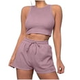 thumbnail image 1 of ShomPort Womens 2PC Matching Set Sleeveless Round Collar Crop Tops High Elastic Waisted Drawstring Shorts Comfort Athletic Outfits, 1 of 6