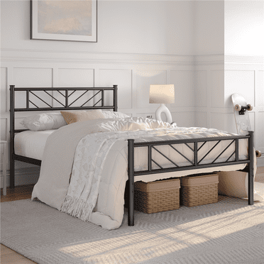 Yaheetech Lit Plateforme en Métal avec Tête et Pied de Lit au Motif de Flèches, Simple, Noir
