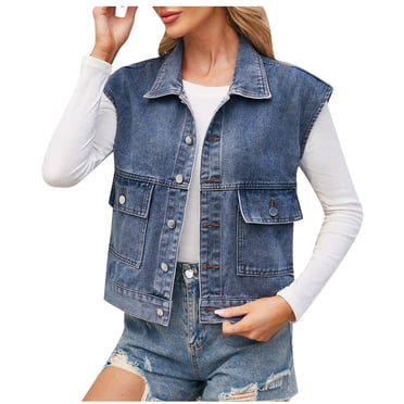 Yuyuzo Gilet Court en Denim pour Femmes Sans Manches à Revers, Boutonné, Veste Classique en Jean, Manteau S-TG