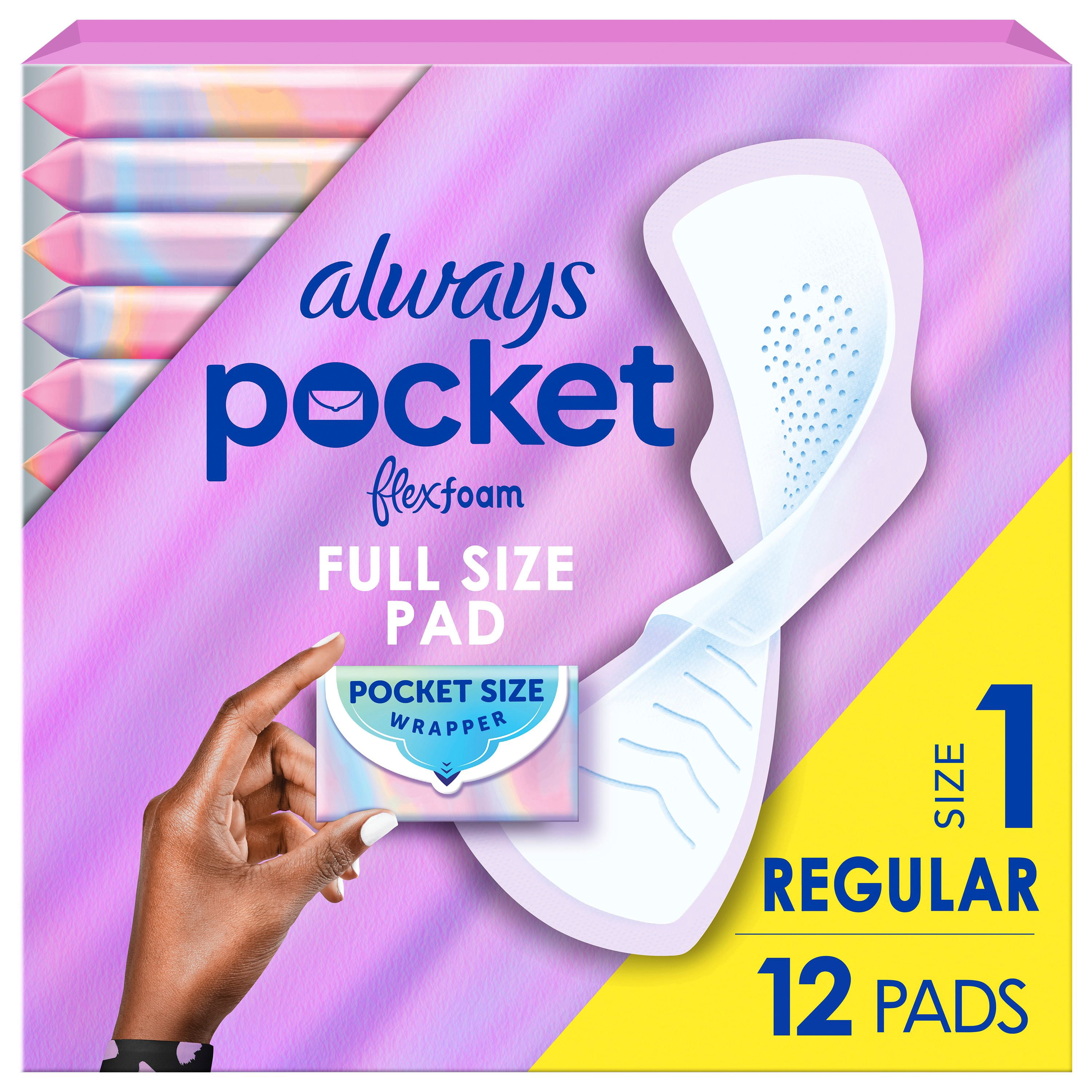 Always Pocket FlexFoam Pads for Women, Size 1, Regular Pad with Wings, Unscented, 12 Count