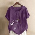 thumbnail image 2 of QATAINLAV Hauts en Lin Grande Taille pour Femmes 2025 Été T-Shirts à Manches Courtes Mode Boho Blouses à Imprimé Floral Décontractées Col Rond T-Shirts Ventes Quotidiennes du Jour Violet XXXXXL, 2 of 5