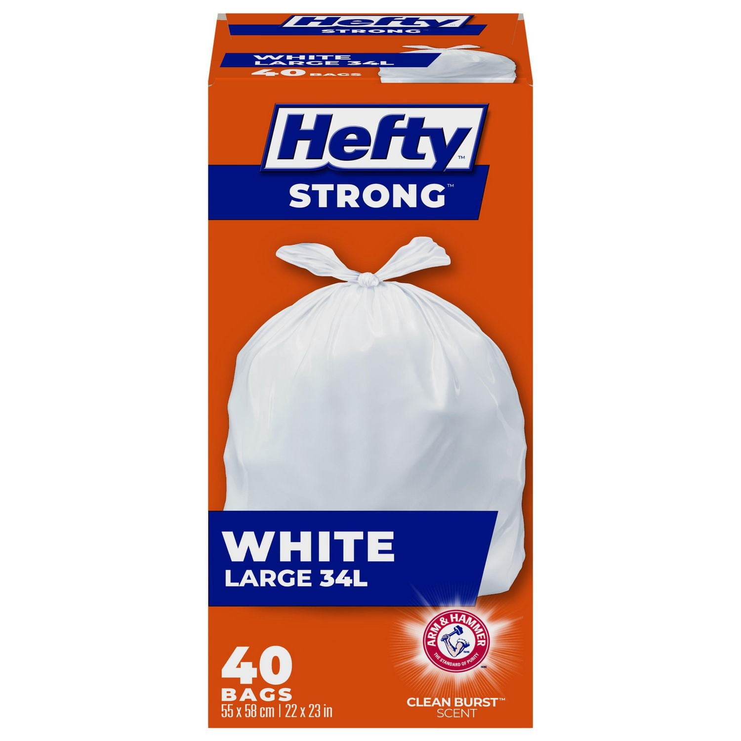 Hefty Garbage Bags, Strong Large 34 Litres White Kitchen, Easyflaps, Arm & Hammer odour neutralizer, 40 Bags