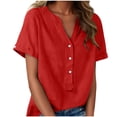 thumbnail image 1 of Floleo T-Shirt à Manches Courtes pour Femmes, Style Lin, Col en V, Boutons devant, Demi-Ouverture, Haut Vintage Classique, Respirant, Confortable, Extensible, Tissu Fin, Printemps Été Automne, Tenue Quotidienne (Rouge#2, S), 1 of 8
