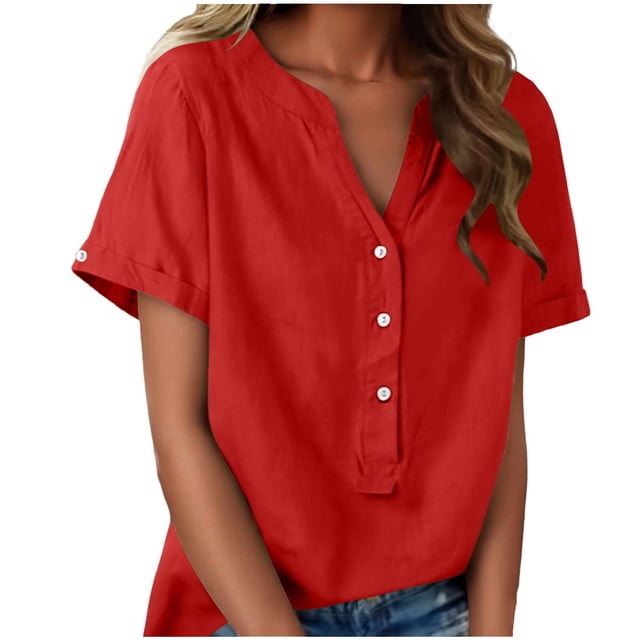 Floleo T-Shirt à Manches Courtes pour Femmes, Style Lin, Col en V, Boutons devant, Demi-Ouverture, Haut Vintage Classique, Respirant, Confortable, Extensible, Tissu Fin, Printemps Été Automne, Tenue Quotidienne (Rouge#2, S)