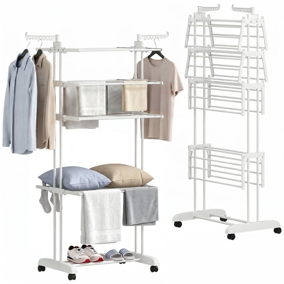 HOMCOM 5-Tier Clothes Drying Rack, Foldable Laundry Rack with Wheels, White
