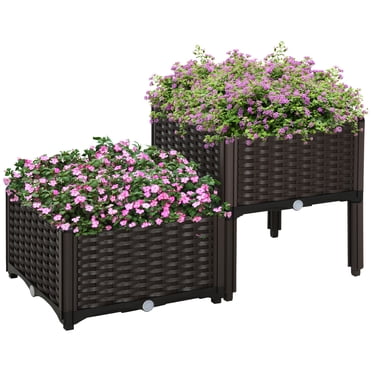 Outsunny Ensemble de 2 Bacs de Jardin Surélevés PP Bac à Fleurs Surélevé Brun