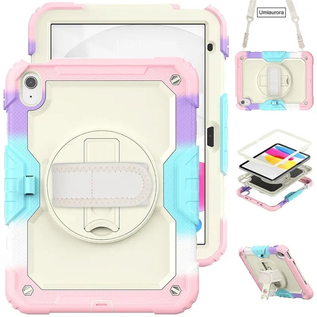 For IPad 10.2 7th 8th 9th 10th Gen Air 2 3 4 5 10.9 Mini 6 9.7 Pro 11 Tablet Case Kids Silicone PC Armor Stand Shockproof Cover 02 Rianbow Pink IPad 10th Gen 10.9