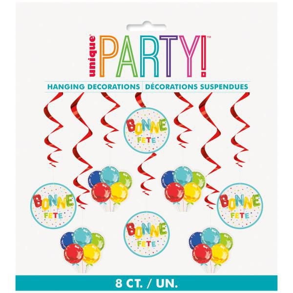 Bright Bright Ensemble de Décorations de Fête à Tourbillon Suspendu avec Huit Pièces, Incluant des Tourbillons Suspendus en Spirale Rouges et des Découpes Circulaires avec des Ballons Colorés et du Texte « Bonne Fête », Convient aux Décorations de Fête d'Anniversaire et de Fête Ou comme Toile de Fond pour Photos.