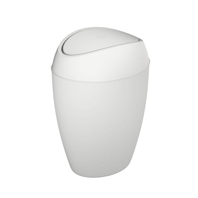 Twirla Can 9L Metallic White slim trash can with a weighted swing-top lid in smooth matte white polypropylene, ideal for narrow spaces in home storage and organization, also suitable for office or bathroom waste disposal.