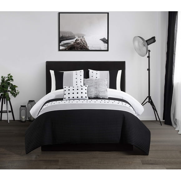 Chic Home Lainy 5 Piece Comforter Set Color Block Pleated Ribbed Embroidered Design Bedding-Decorative Pillows Shams Included, Queen, Black