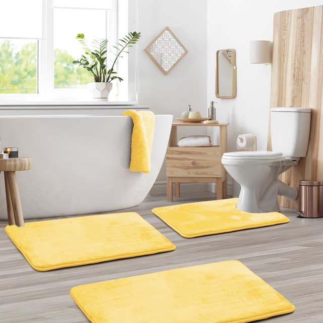 Set of 3 Clara Clark Bath Mat Bathroom Rug - Absorbent Memory Foam Bath Rugs - Non-Slip, Thick, Cozy Velvet Feel Microfiber Bathrug - Mellow Yellow - Large 20"x32" - Small 17"x24" - Contour 24"x20"