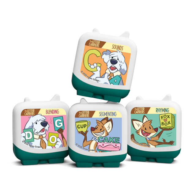 tonies Clever Tonies: The Letter Carriers 4pc Set centered front view of four magnetic character figures with molded plastic details and printed faces; pairs with a Toniebox for interactive audio stories, screen-free early literacy listening, and often used for independent, hands-on play.