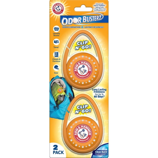 Arm & Hammer Clip N-Go Deodorizer Odor Busterz 2 pack with two orange perforated clip-on balls featuring the Arm & Hammer logo, designed for odor elimination and freshness lasting up to 60 days, shown in packaging highlighting use in laundry rooms, travel, closets, furniture, and gear, with one deodorizer clipped inside a blue backpack, scented with Clean Burst fresh scent, also suitable for gym bags and car trunks.