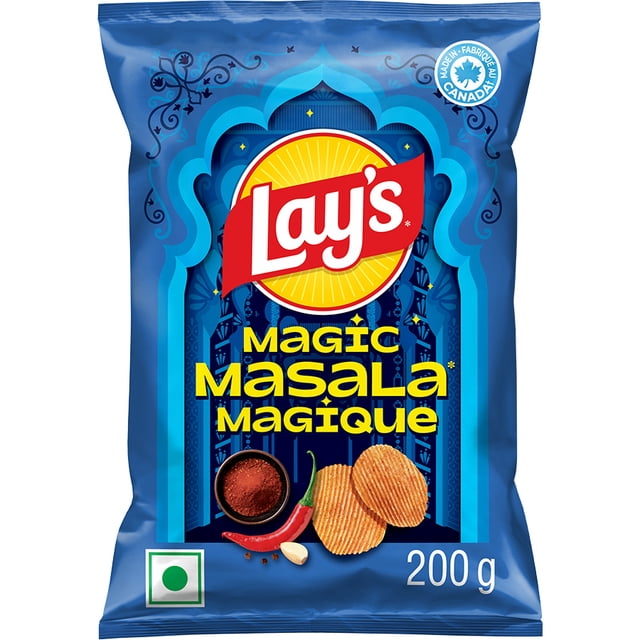 Lay's Magic Masala Ridged flavoured Potato Chips 200 g bag in blue featuring the Lay's logo, ridged potato chips, red chili, garlic clove, and masala spice powder, made in Canada with Indian-inspired spicy seasoning popular in Canadian snack time.