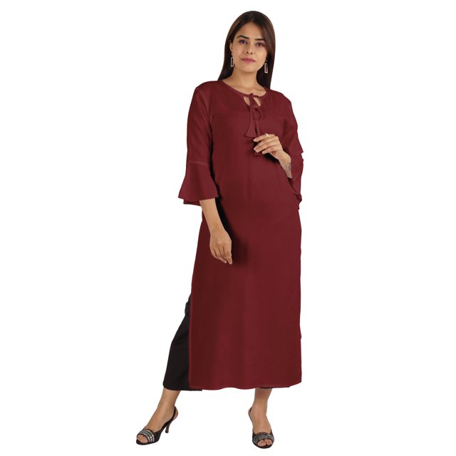 Moomaya Solid Rayon Kurta For Women bell Sleeve Drawstring Neck Long Ethnic Kurti