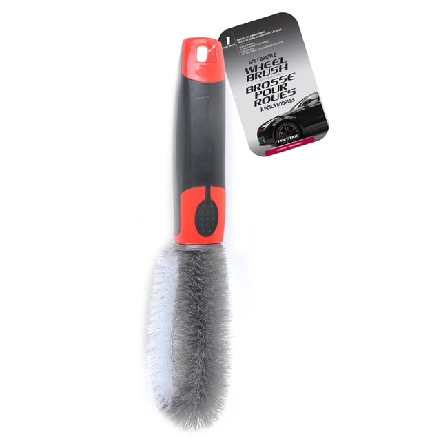 Prestige Series Double Loop Wheel and Tire Car Cleaning Brush centered close-up of a handheld wheel brush with soft double-loop bristles and a contoured ergonomic handle for secure grip; bristles lift brake dust, road grime and dirt from alloy wheels, rims, tires and wheel wells, reusable and often used as a detailing brush for bike rims and metal trim.