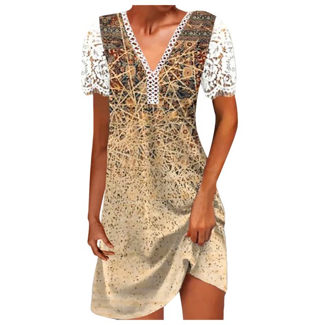 Cameland Robe Ample pour Femme à Col en V, Mode Décontractée, Style Élégant, Chandail à Manches Courtes, Imprimé en Dentelle