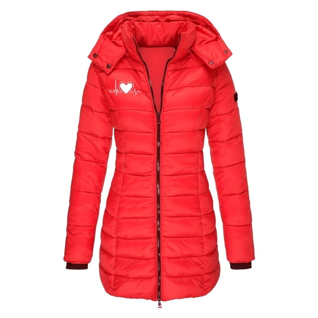 Fankiway Women's Long Sleeve Hooded Mid Length Casual Jacket with Small Print Style Red M