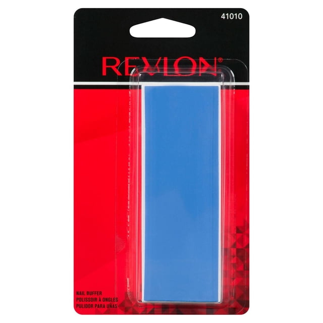 Revlon® Speed Buff™ Nail Buffer, a blue rectangular nail tool with smooth surface, in clear plastic packaging on red and black branded card, ideal for smoothing and shining nails in nail care routines.