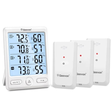 Geevon Indoor Outdoor Thermometer Wireless, Large LCD Display Digital Hygrometer Thermometer Temperature Humidity Monitor with 3 Remote Sensors and Backlight, Battery-Powered(White With Backlight)