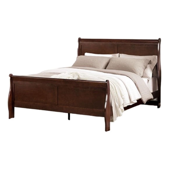 Ryla Queen Size Bed- Sleigh Panel Headboard- Dark Cherry Brown Solid Wood