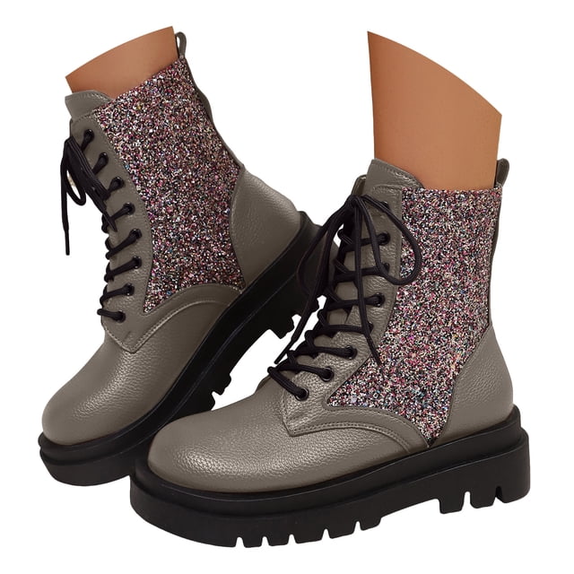 Pandaie Rhinestone Combat Boots Women Military Motorcycle Riding Booties Platform Lace up Chunky Heel Ankle Boots Grey 9.5