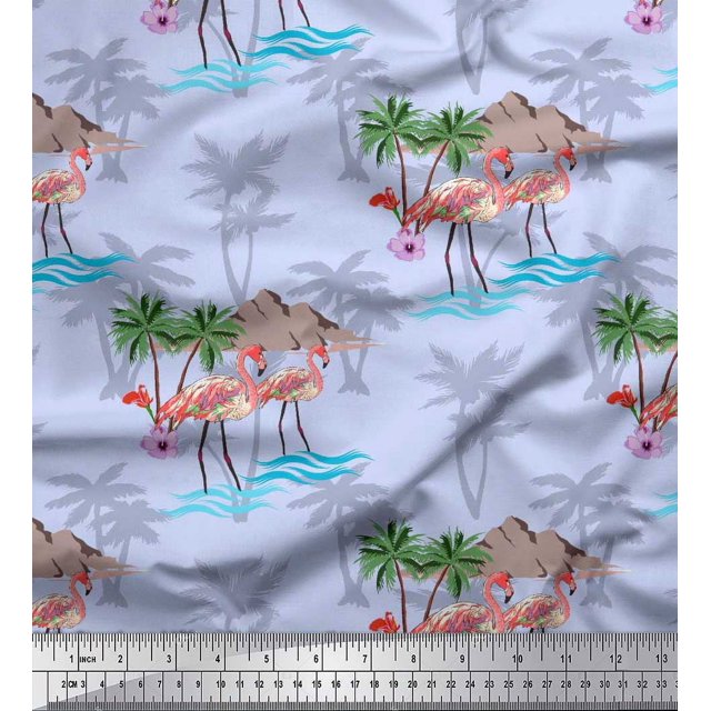 Soimoi Blue Silk Fabric Palm Tree, & Flamingo Bird Print Fabric by Yard 42 Inch Wide