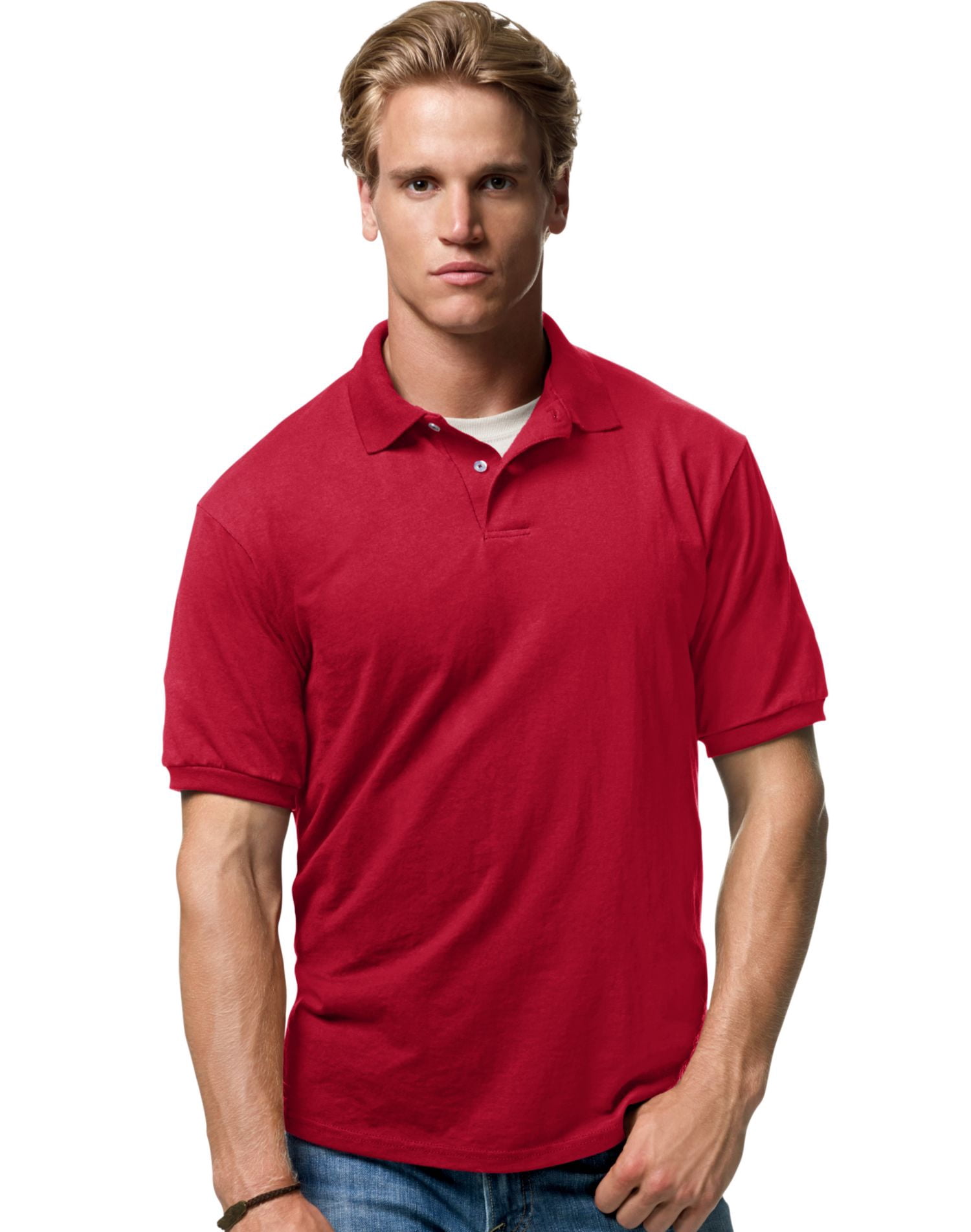 Hanes Cotton-Blend Men`s Jersey Polo, XL, Deep Red