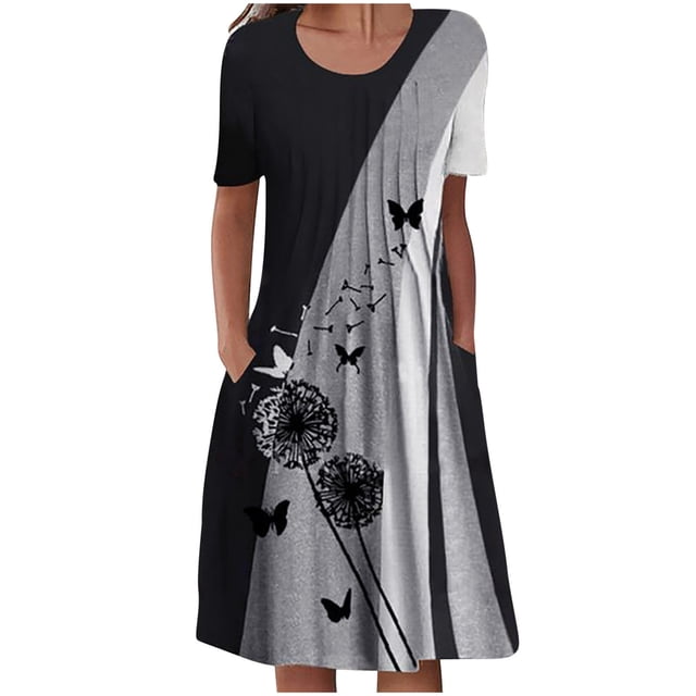 EQWLJWE Robes pour Femmes 2023 Élégantes Robes d'Été Décontractées pour Femmes Col Rond Manches Courtes Pliées avec Poche Robes Imprimées Robes pour Femmes Grande Taille
