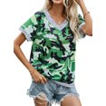 thumbnail image 1 of Femmes Camouflage Imprimé Couleur Bloc V Cou Manches Courtes Chemise, 1 of 5