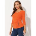 thumbnail image 2 of INSPIRE CHIC Women's V Neck 3/4 Sleeves Solid Knitted Buttons Decor Ruched Top Small Orange, 2 of 5
